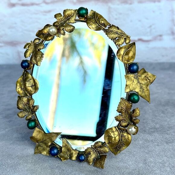 Vintage Gold Leaf Pearl Framed Small Mirror - Picture 1 of 8